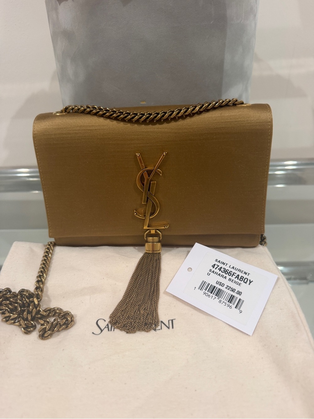 Saint Laurent Gold Metallic Monogram Tassel Crossbody